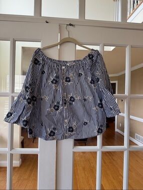 BB Dakota Navy & White Striped Off-Shoulder Floral Blouse